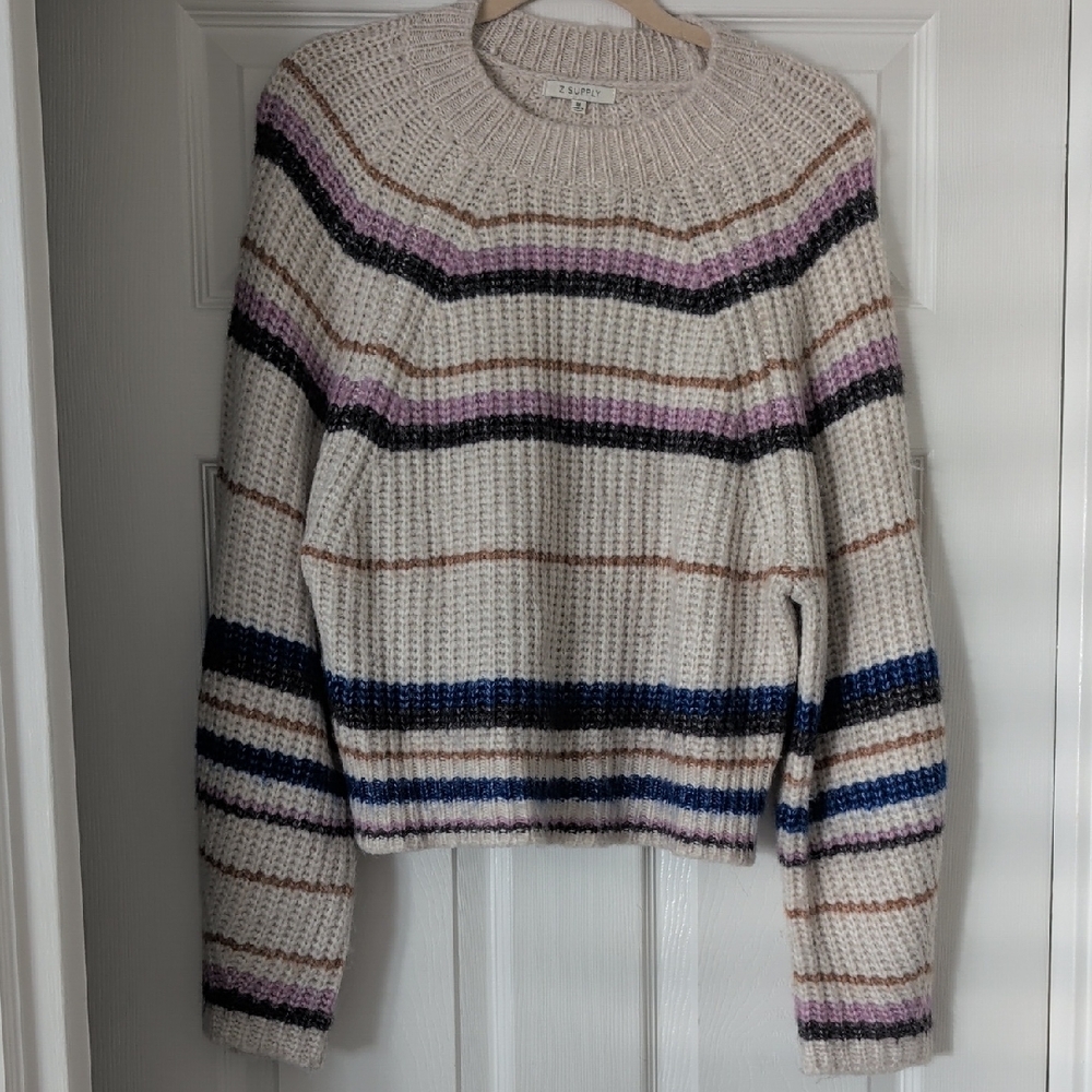 Z Supply Cream Knit Crewneck with Multicolor Stripes